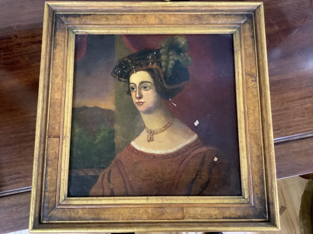 19th century English School, oil on canvas, Portrait of 17th century lady, 28 x 28cm